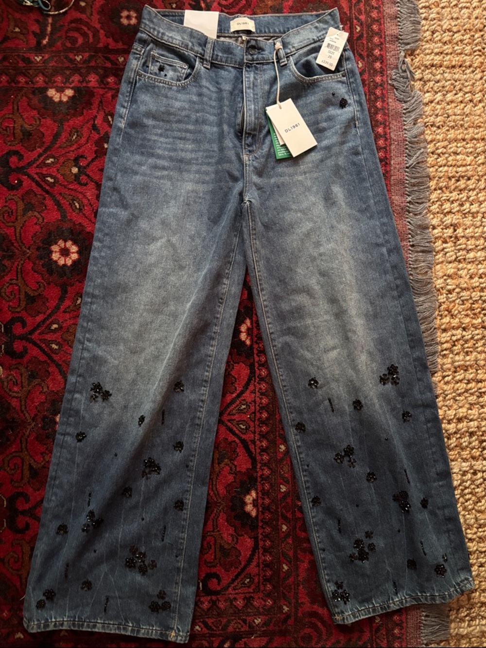 High-Rise Wide-Leg Jeans with Beaded Detail
